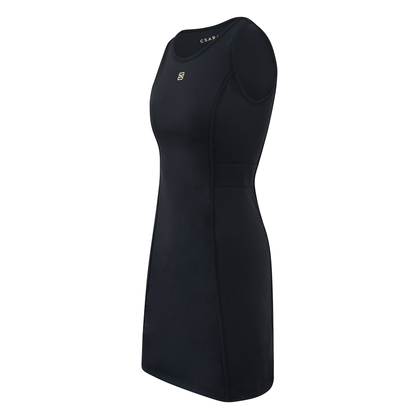 Women’s sleeveless golf dress in black with round neck, stretch fabric and elastic waist