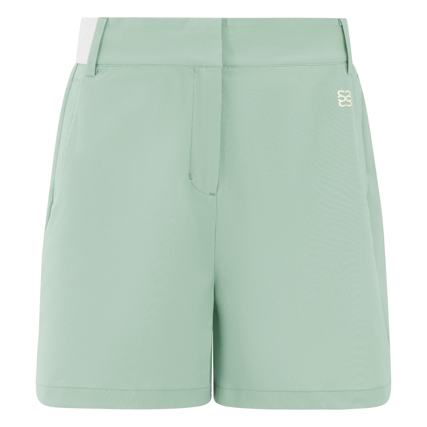 Women's golf shorts in green in four-way stretch fabric, with centre front zip, pockets and elasticated sides