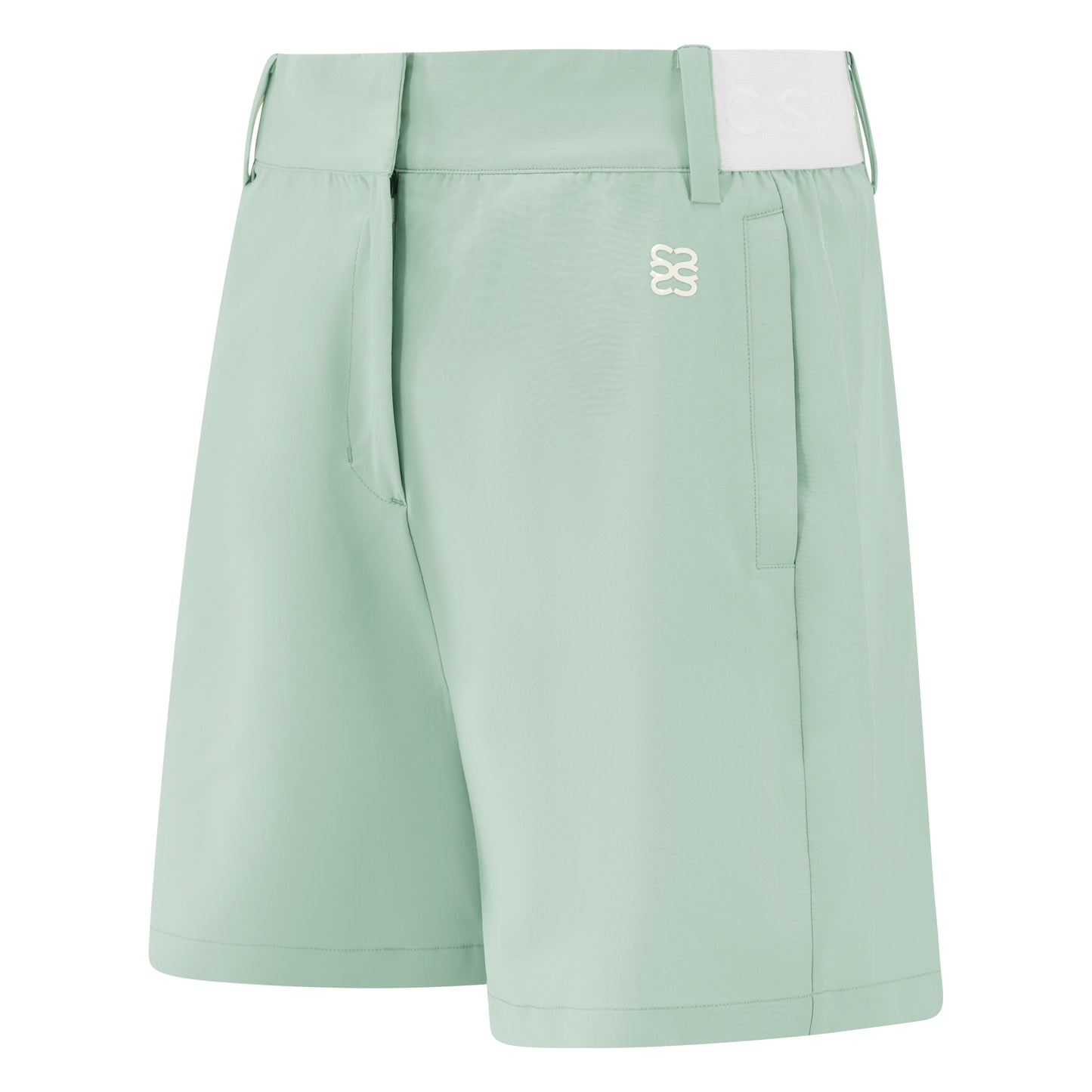 Women's golf shorts in green in four-way stretch fabric, with centre front zip, pockets and elasticated sides