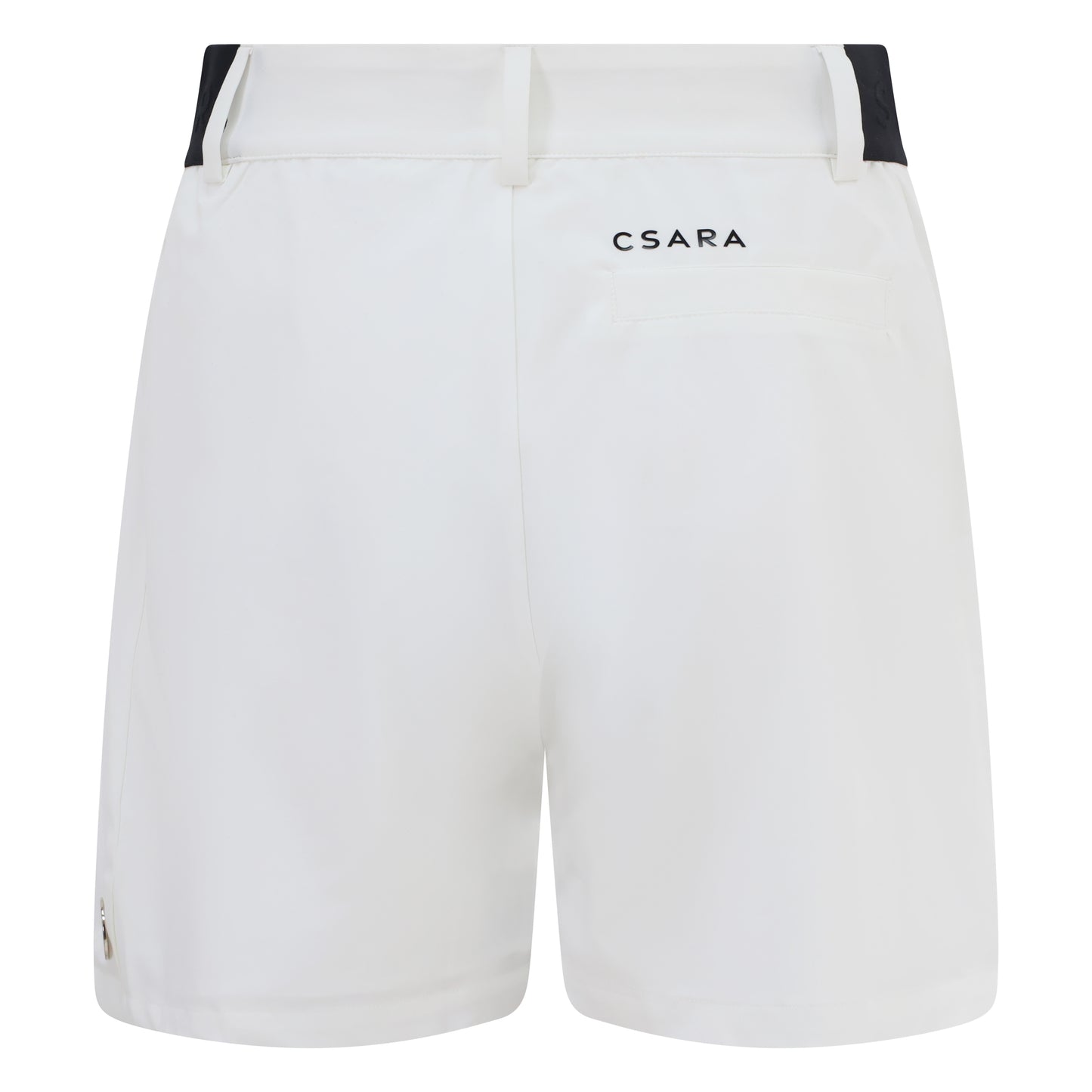 Women's golf shorts in white in four-way stretch fabric, with centre front zip, pockets and elasticated sides