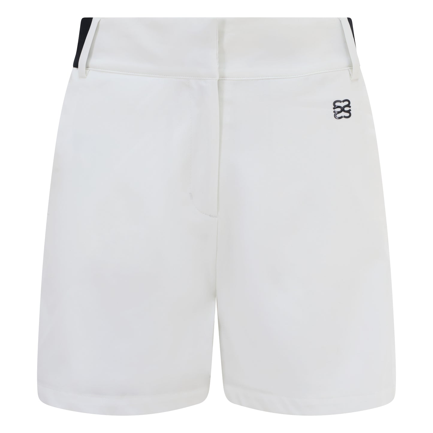 Women's golf shorts in white in four-way stretch fabric, with centre front zip, pockets and elasticated sides