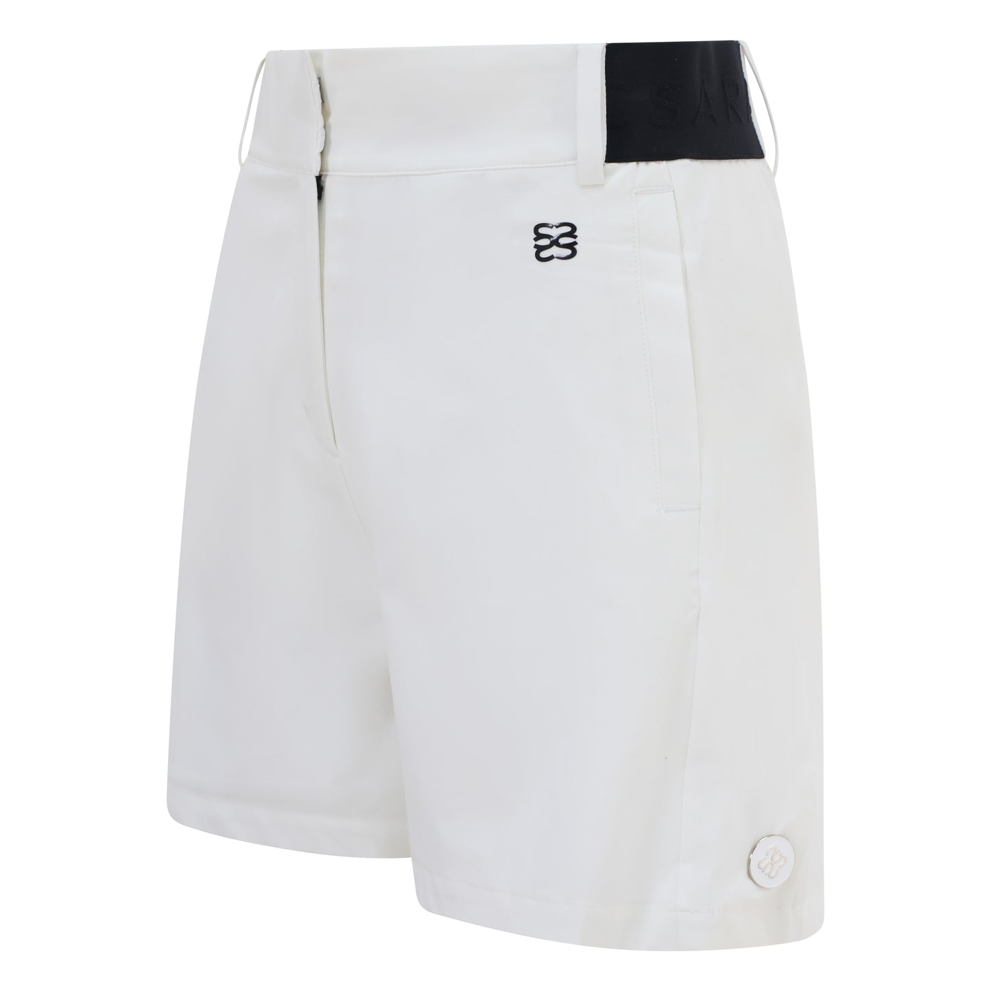 Women's golf shorts in white in four-way stretch fabric, with centre front zip, pockets and elasticated sides