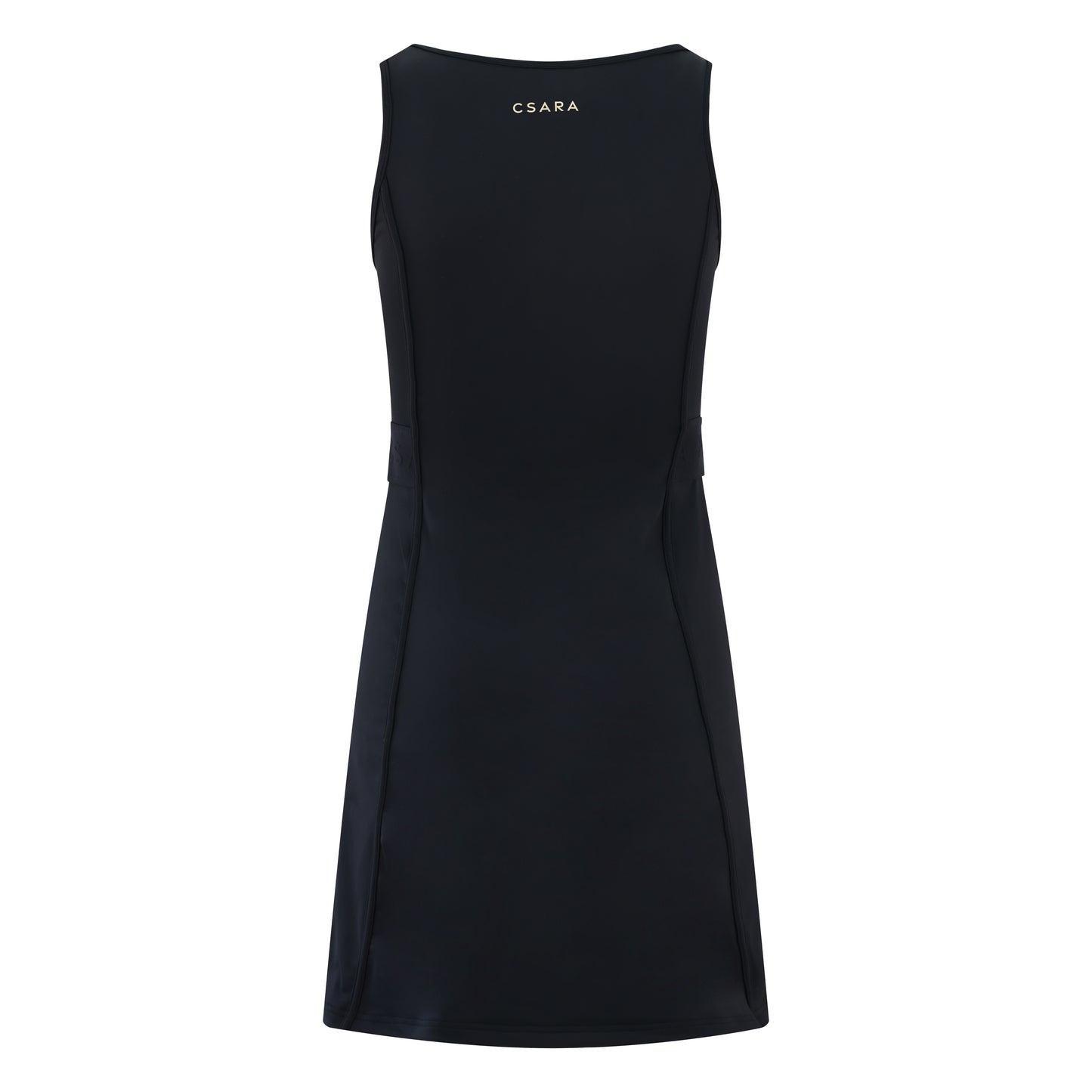 Women’s sleeveless golf dress in black with round neck, stretch fabric and elastic waist