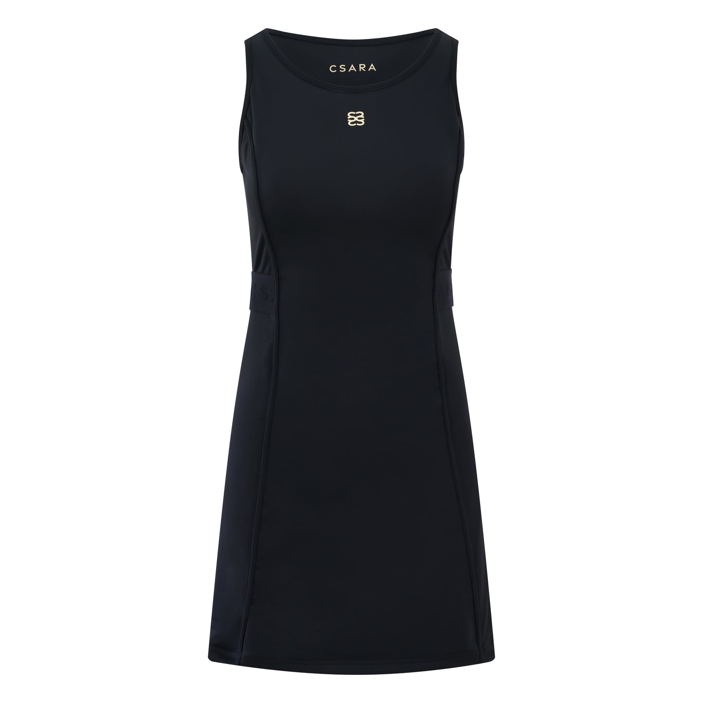 Women’s sleeveless golf dress in black with round neck, stretch fabric and elastic waist