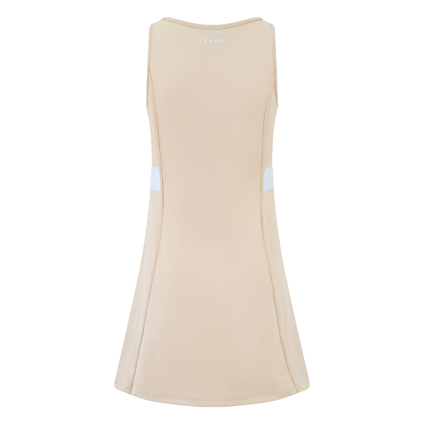 Women’s sleeveless golf dress in sand with round neck, stretch fabric and elastic waist
