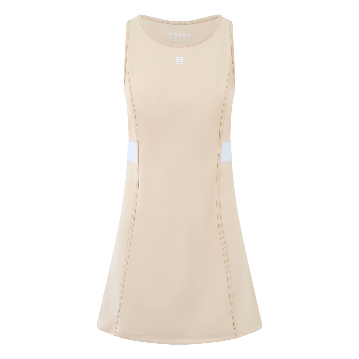 Women’s sleeveless golf dress in sand with round neck, stretch fabric and elastic waist