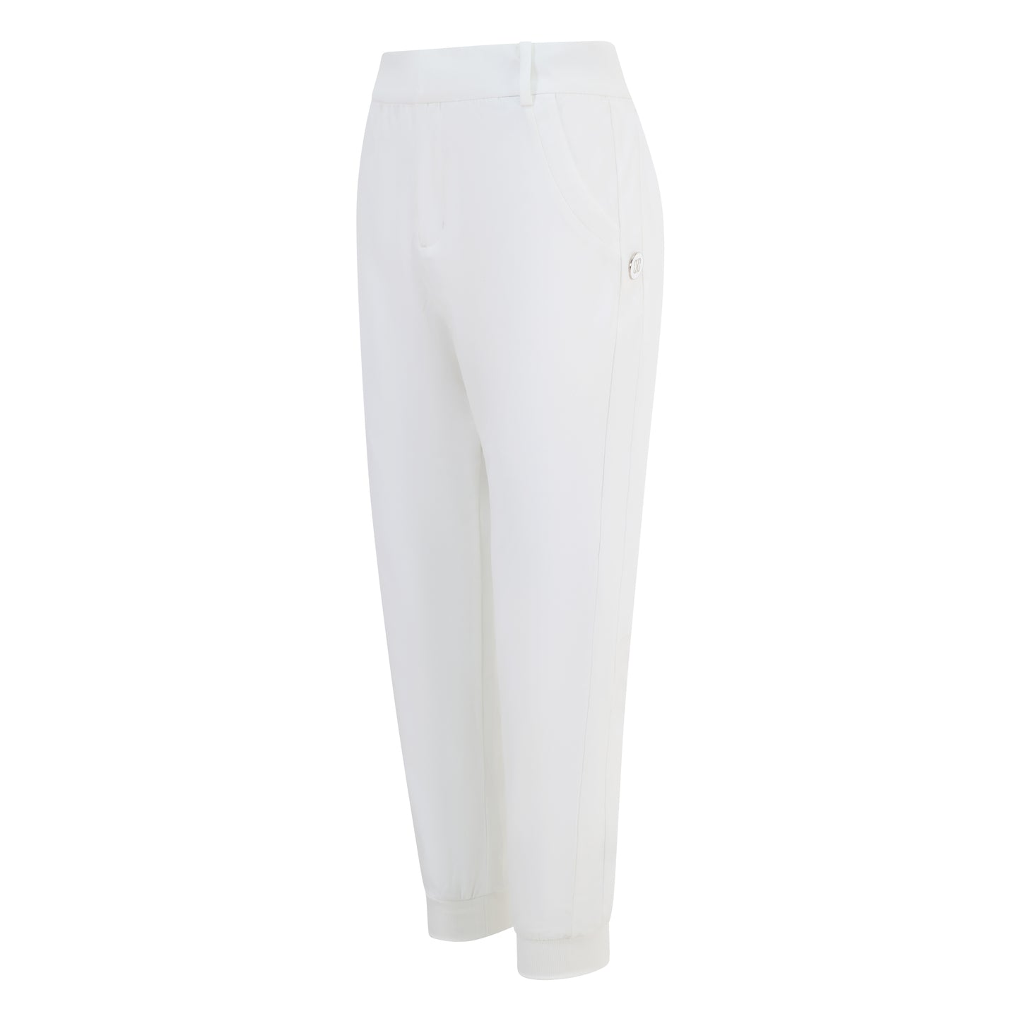 Women's cuffed golf trousers in white with belt loops, pockets and four-way stretch fabric