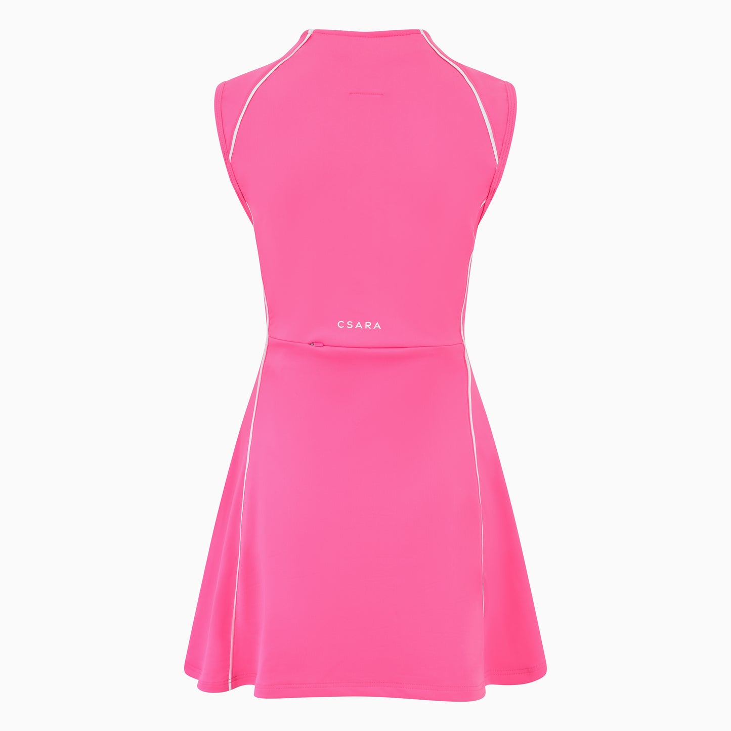 Women’s sleeveless golf dress in pink with half-zip front, stretch frabic and pockets