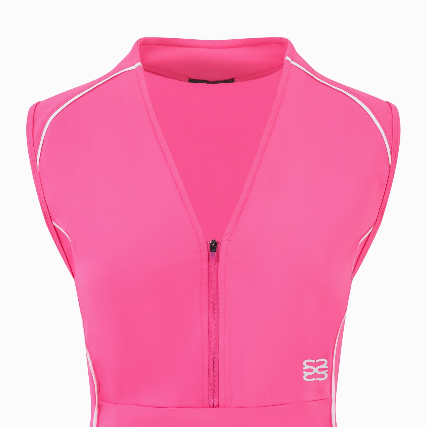 Women’s sleeveless golf dress in pink with half-zip front, stretch frabic and pockets