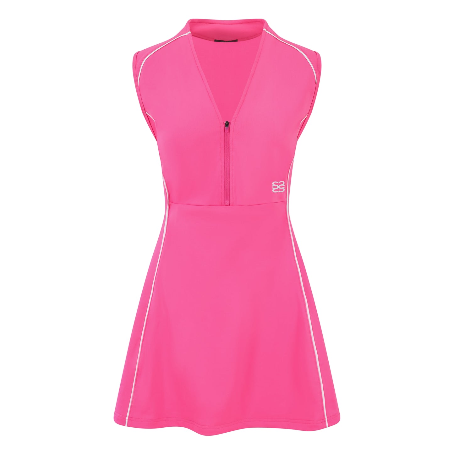 Women’s sleeveless golf dress in pink with half-zip front, stretch frabic and pockets