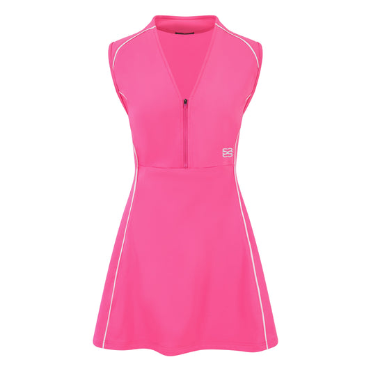 Women’s sleeveless golf dress in pink with half-zip front, stretch frabic and pockets