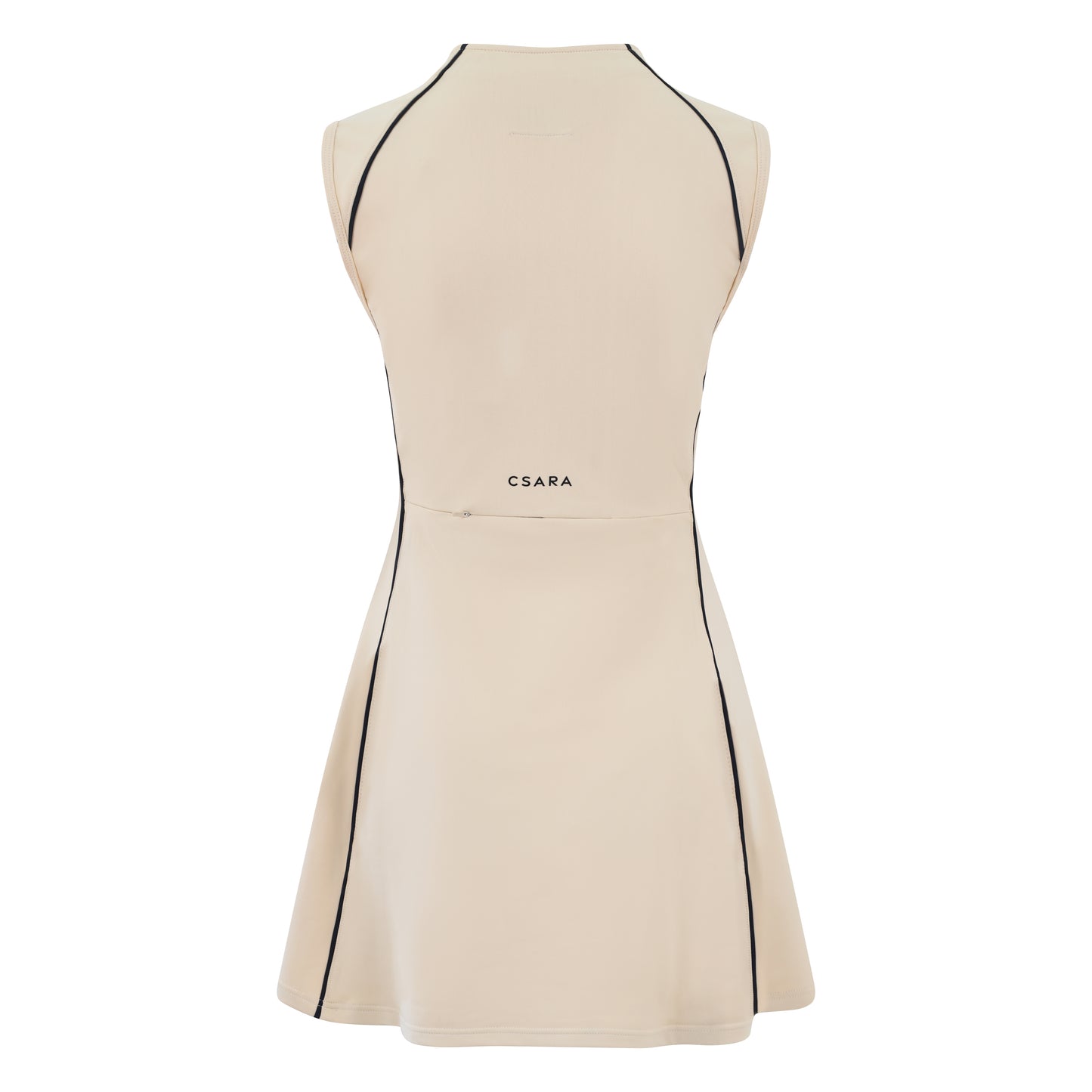 Women’s sleeveless golf dress in sand with half-zip front, stretch frabic and pockets