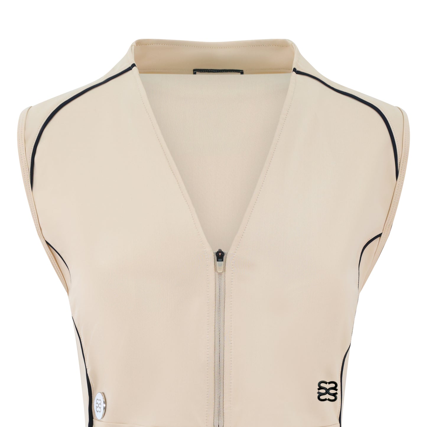 Women’s sleeveless golf dress in sand with half-zip front, stretch frabic and pockets