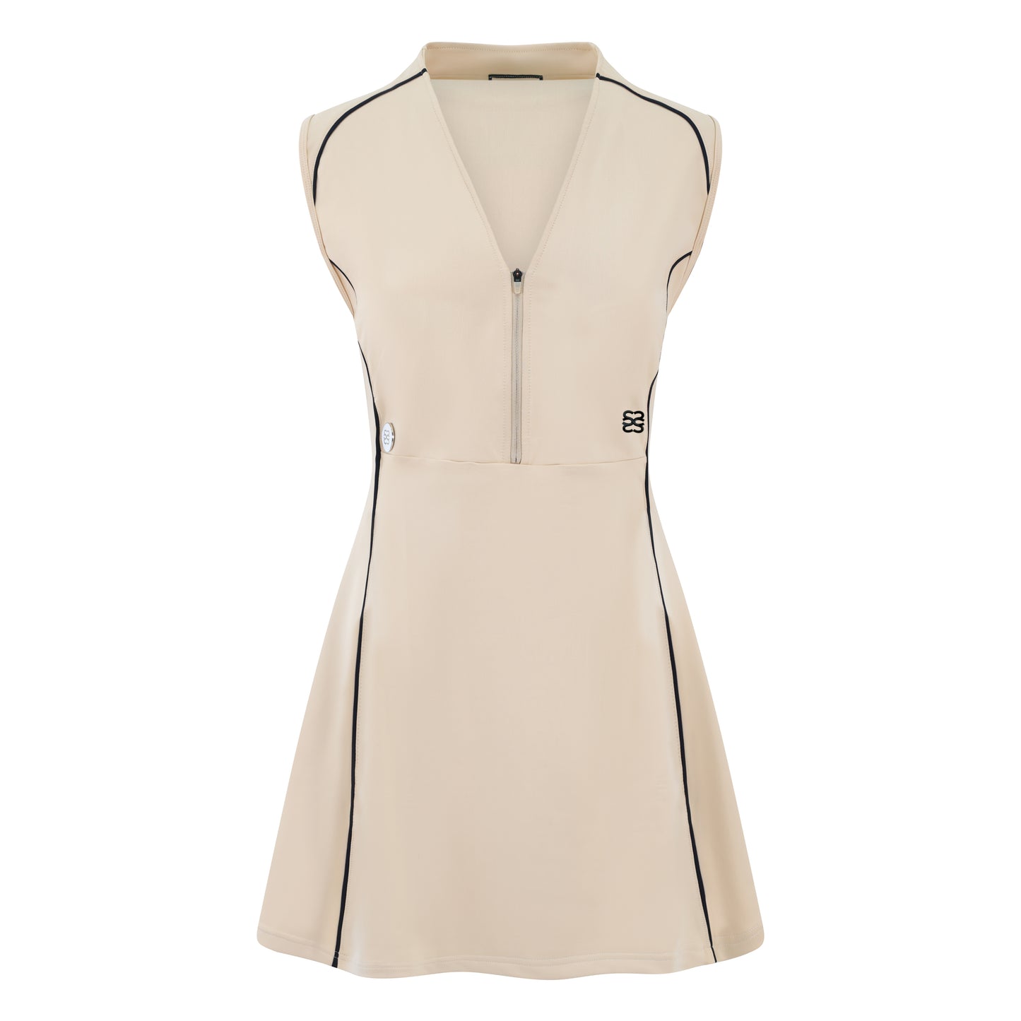 Women’s sleeveless golf dress in sand with half-zip front, stretch frabic and pockets