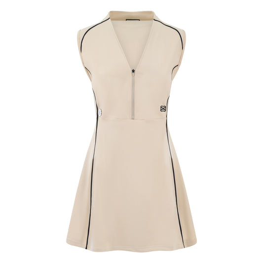 Women’s sleeveless golf dress in sand with half-zip front, stretch frabic and pockets