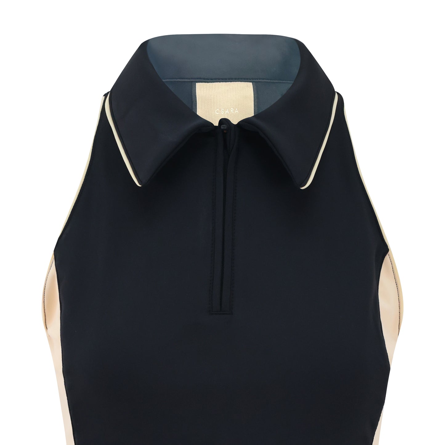Women's sleeveless golf polo shirt with stretch fabric, collar and quarter zip and magnetic ball marker