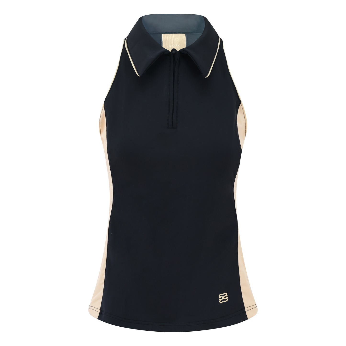 Women's sleeveless golf polo shirt with stretch fabric, collar and quarter zip and magnetic ball marker