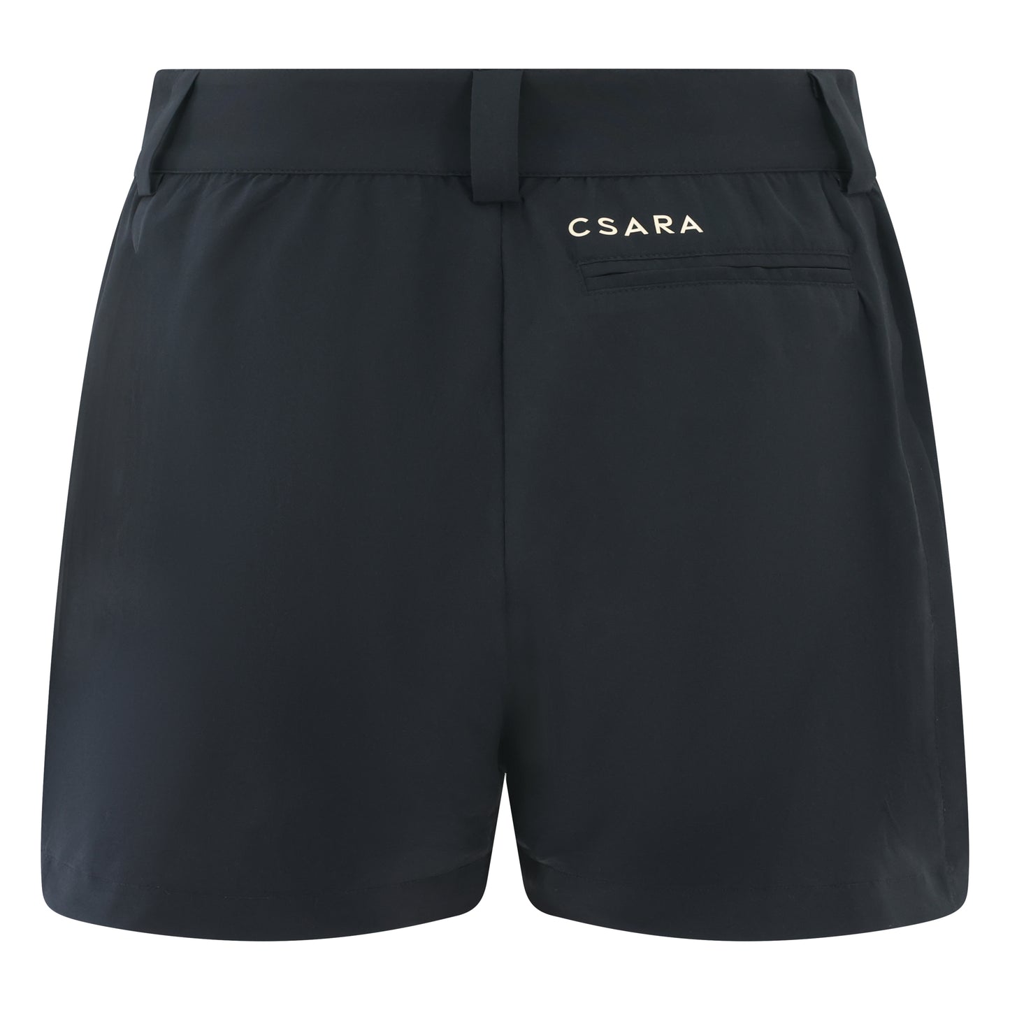 Women’s golf shorts in black, four-way stretch fabric with pockets and magnetic ball marker