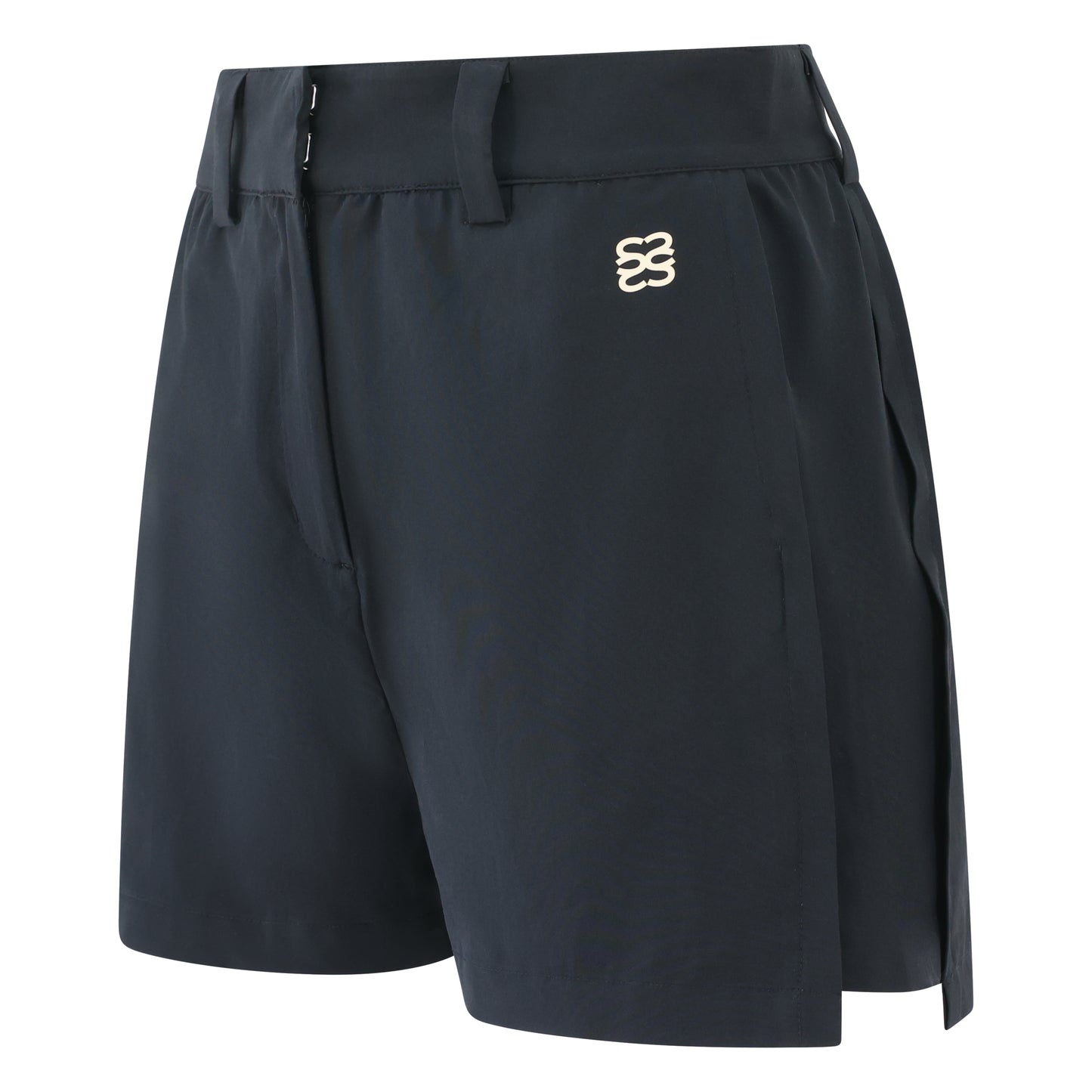 Women’s golf shorts in black, four-way stretch fabric with pockets and magnetic ball marker