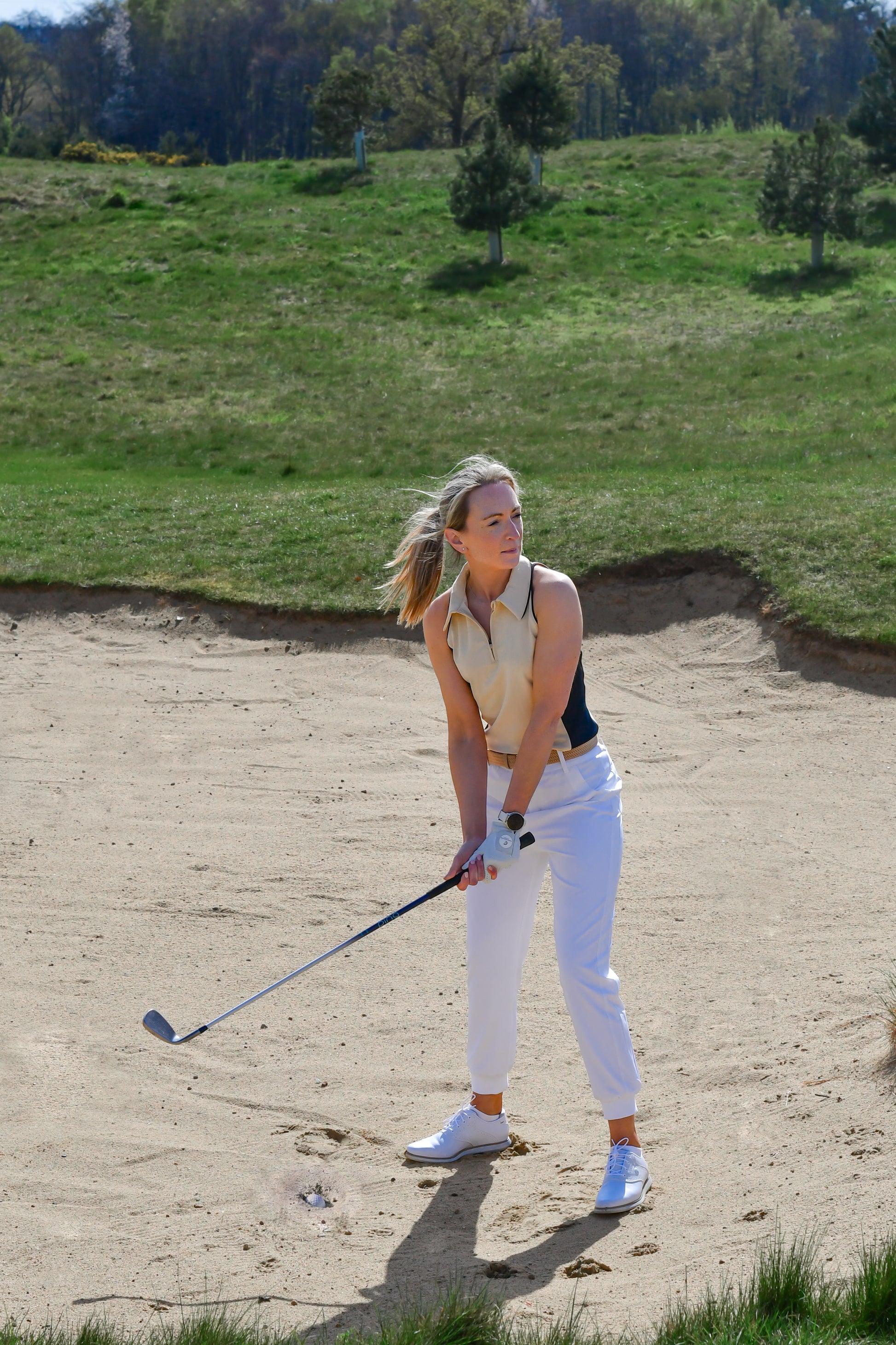 CSARA Cuffed Trouser in White with Sleeveless Shirt in Sand