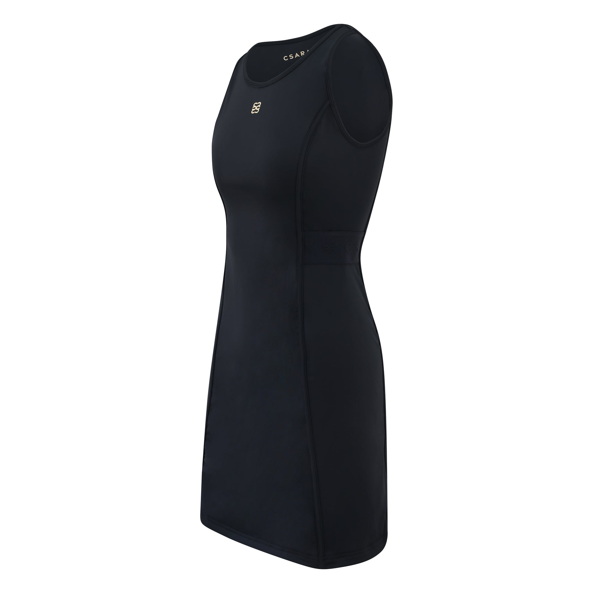 Women’s sleeveless golf dress in black with round neck, stretch fabric and elastic waist