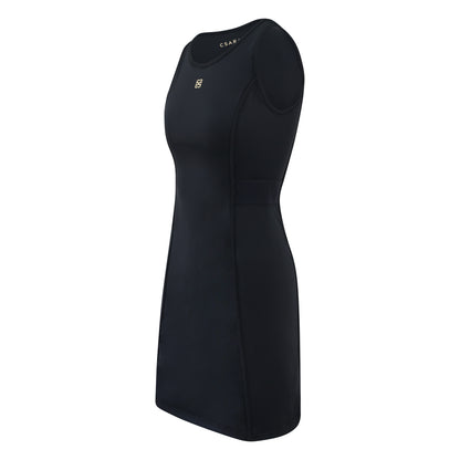 Women’s sleeveless golf dress in black with round neck, stretch fabric and elastic waist