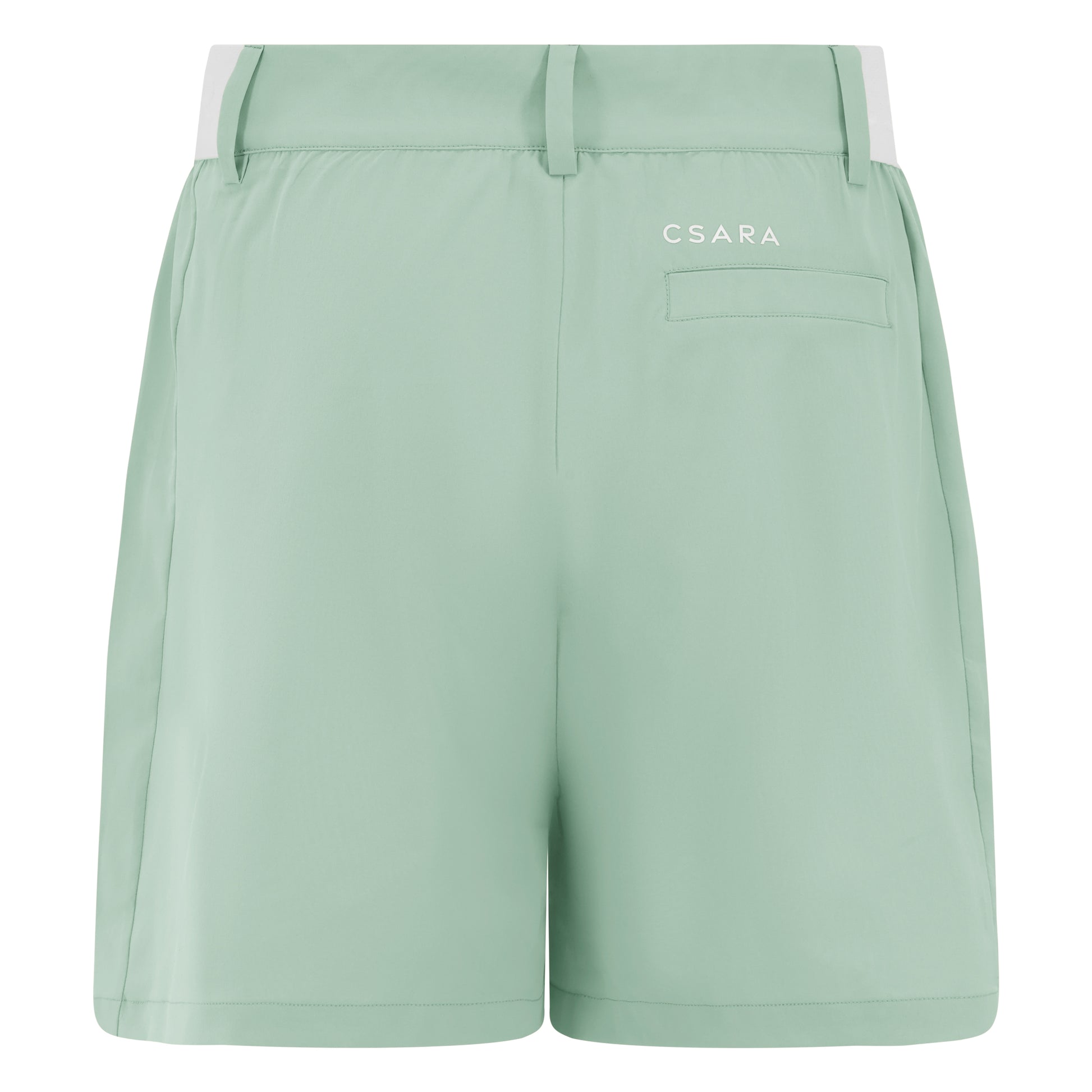 Women's golf shorts in green in four-way stretch fabric, with centre front zip, pockets and elasticated sides