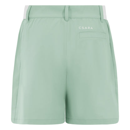 Women's golf shorts in green in four-way stretch fabric, with centre front zip, pockets and elasticated sides
