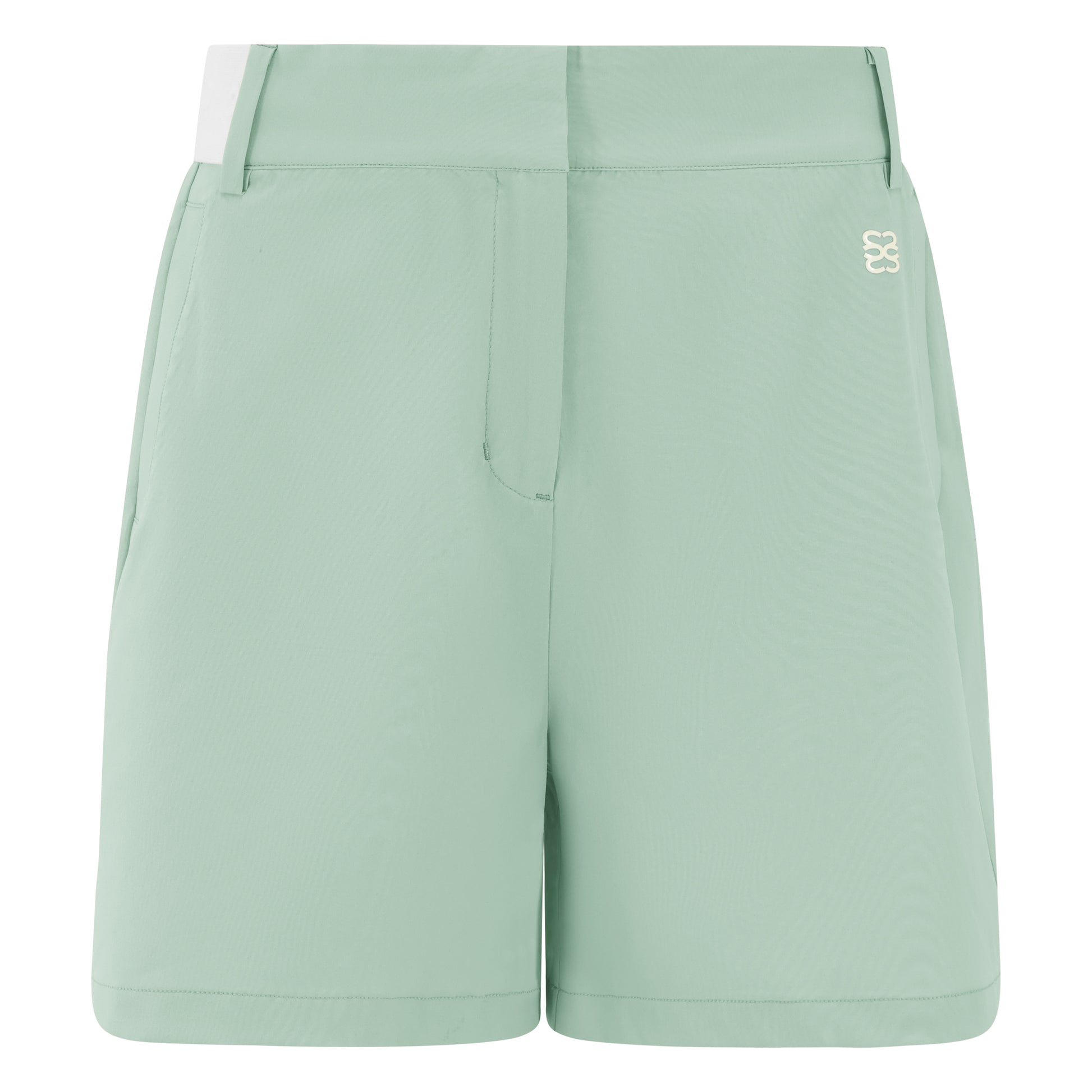 Women's golf shorts in green in four-way stretch fabric, with centre front zip, pockets and elasticated sides