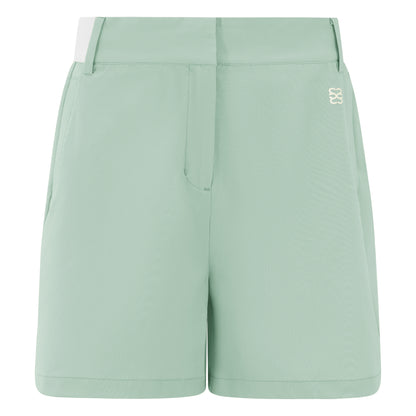 Women's golf shorts in green in four-way stretch fabric, with centre front zip, pockets and elasticated sides