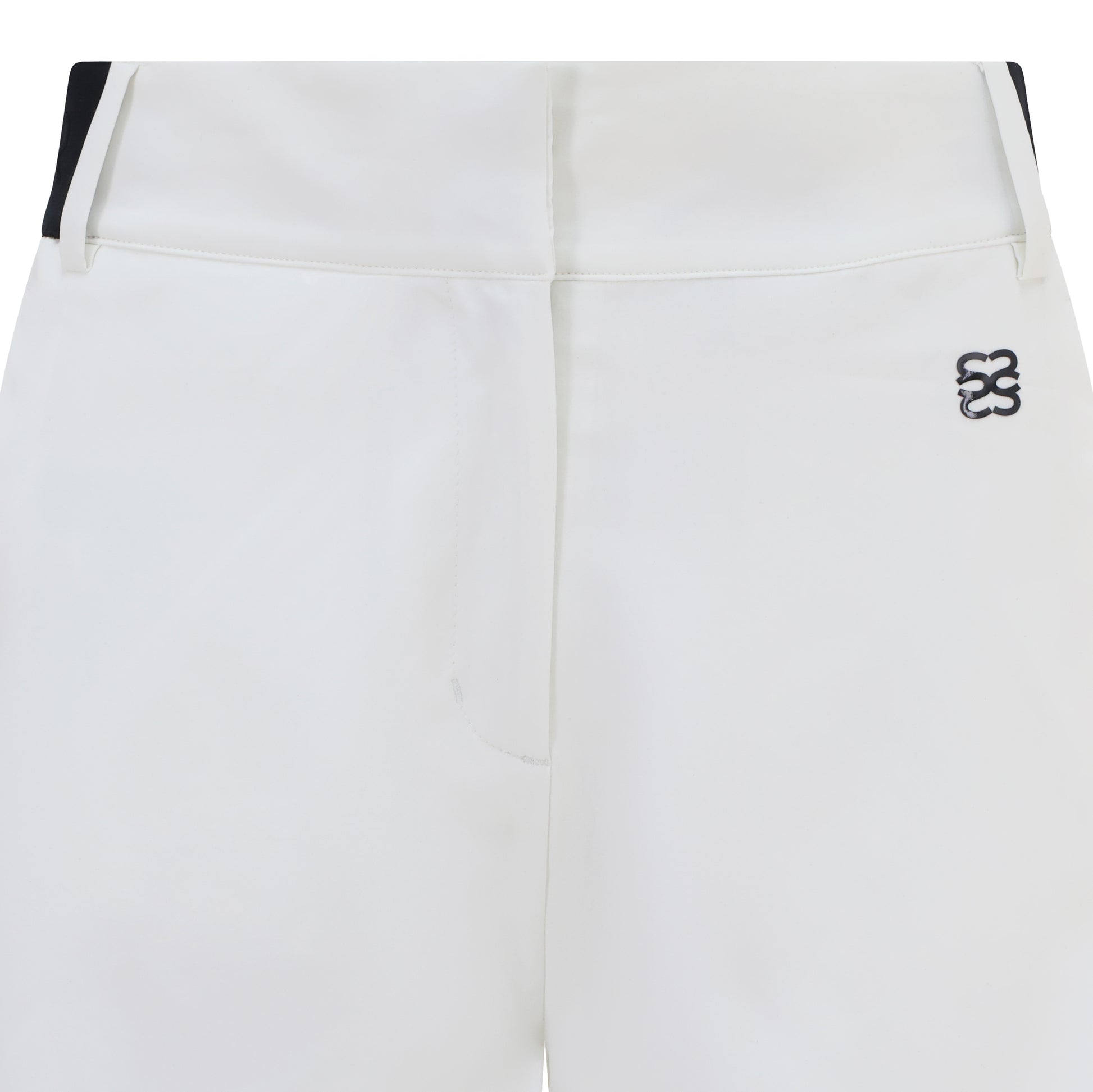 Women's golf shorts in white in four-way stretch fabric, with centre front zip, pockets and elasticated sides