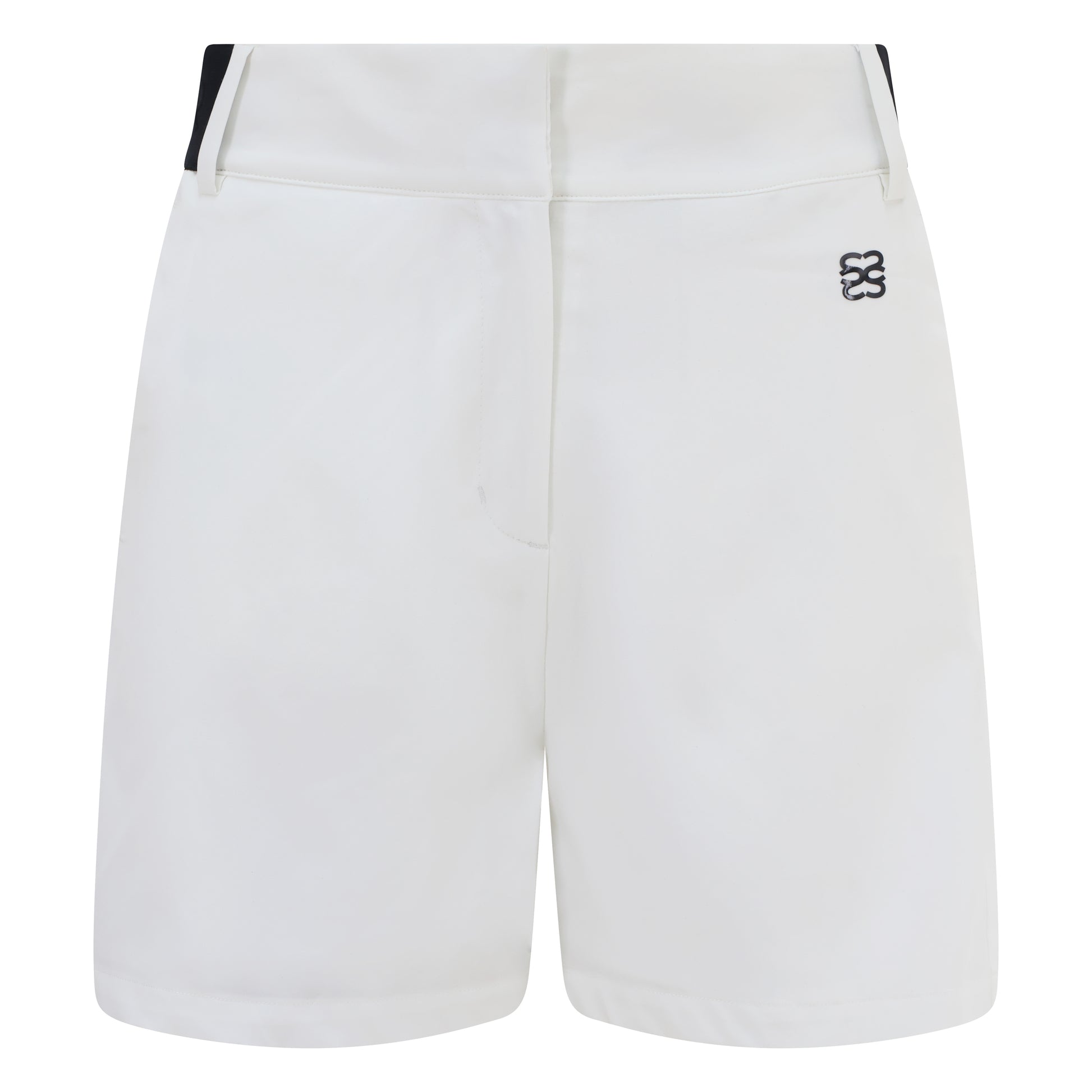 Women's golf shorts in white in four-way stretch fabric, with centre front zip, pockets and elasticated sides