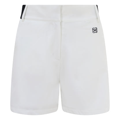Women's golf shorts in white in four-way stretch fabric, with centre front zip, pockets and elasticated sides