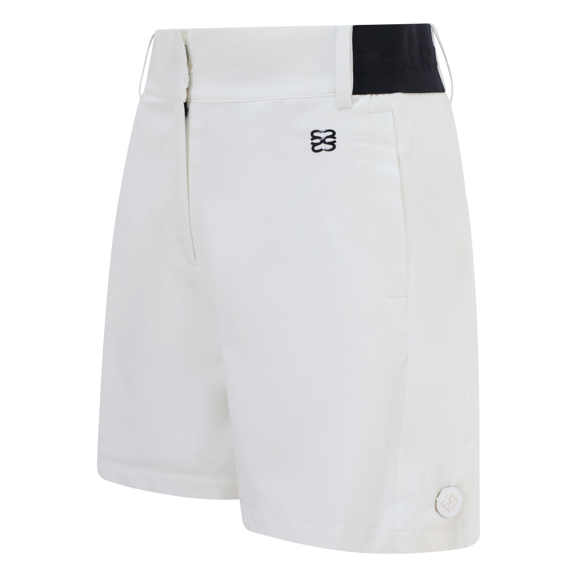 Women's golf shorts in white in four-way stretch fabric, with centre front zip, pockets and elasticated sides