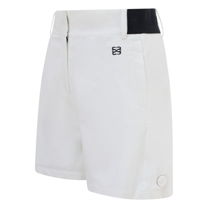 Women's golf shorts in white in four-way stretch fabric, with centre front zip, pockets and elasticated sides