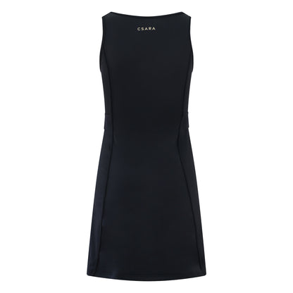 Women’s sleeveless golf dress in black with round neck, stretch fabric and elastic waist