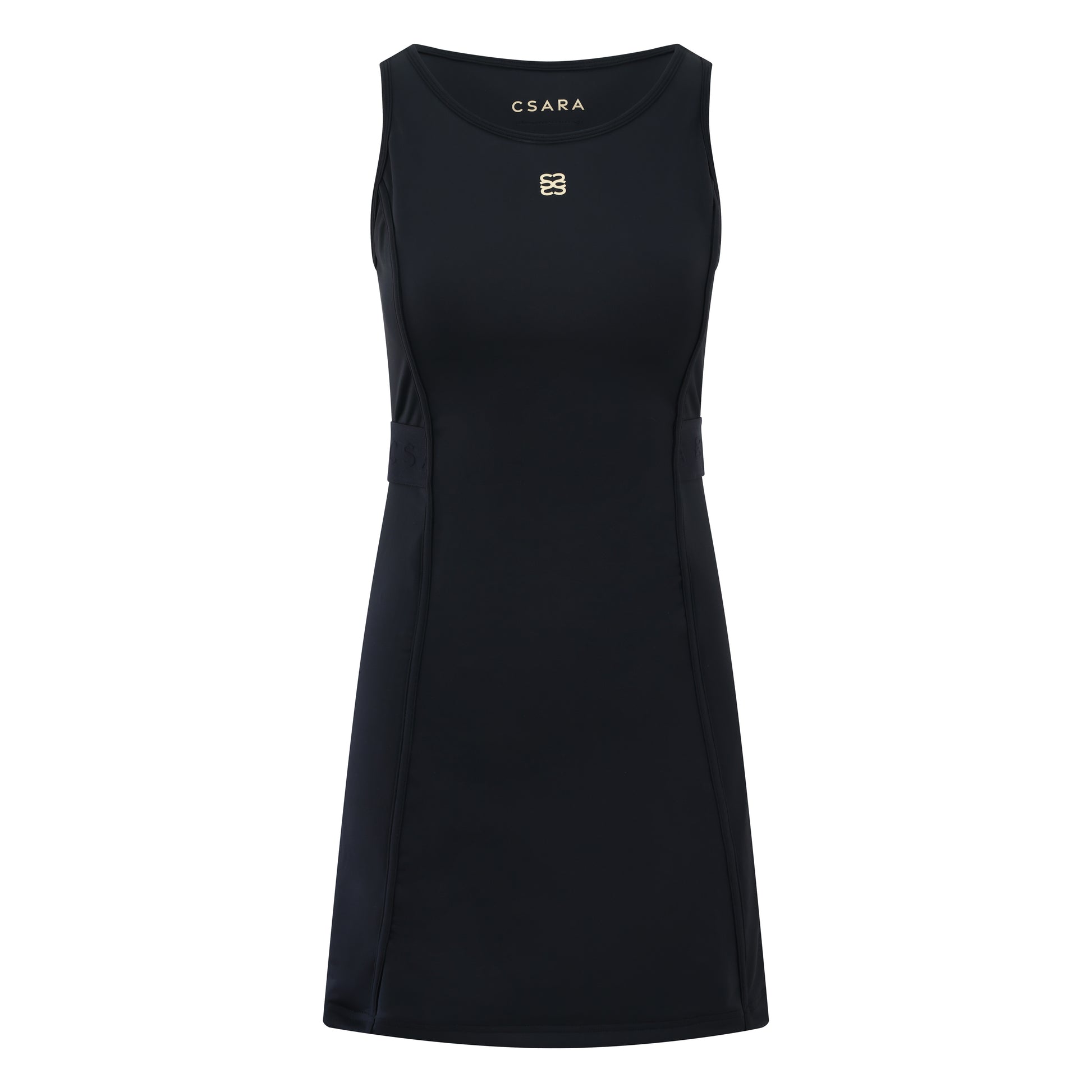 Women’s sleeveless golf dress in black with round neck, stretch fabric and elastic waist