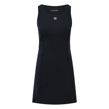 Women’s sleeveless golf dress in black with round neck, stretch fabric and elastic waist
