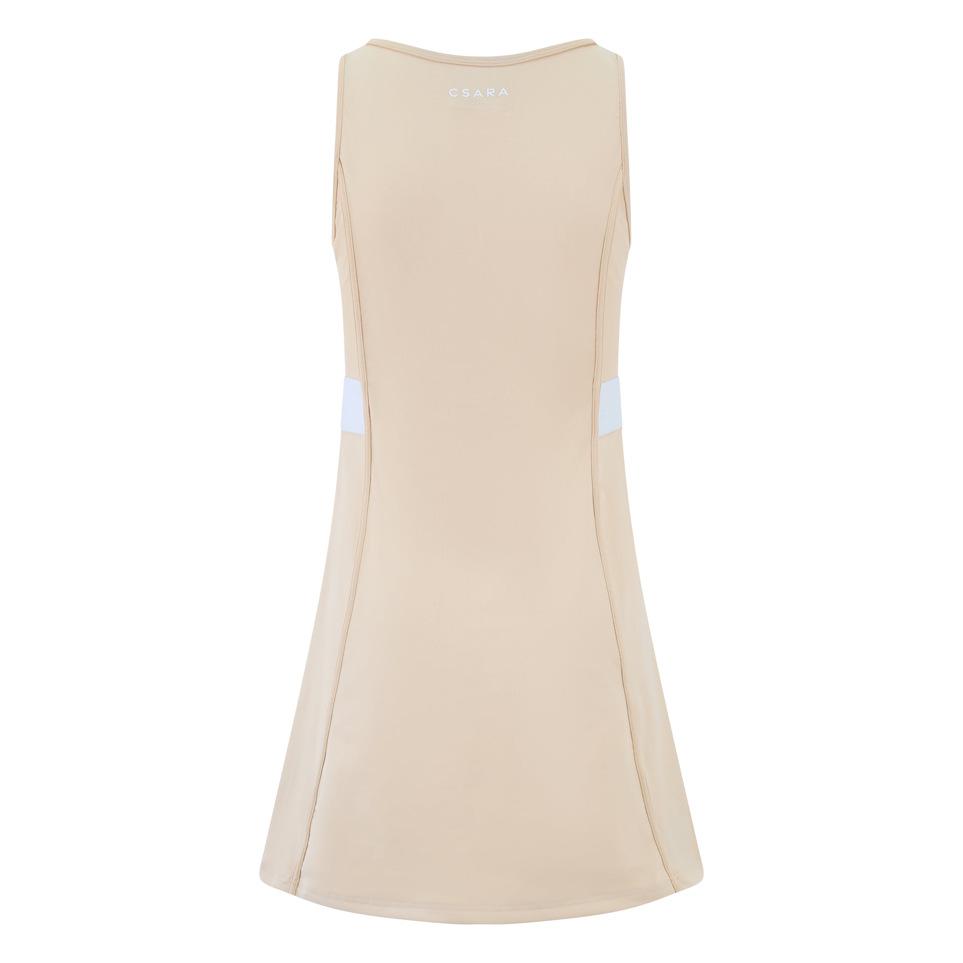 Women’s sleeveless golf dress in sand with round neck, stretch fabric and elastic waist