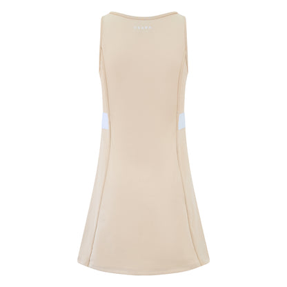 Women’s sleeveless golf dress in sand with round neck, stretch fabric and elastic waist