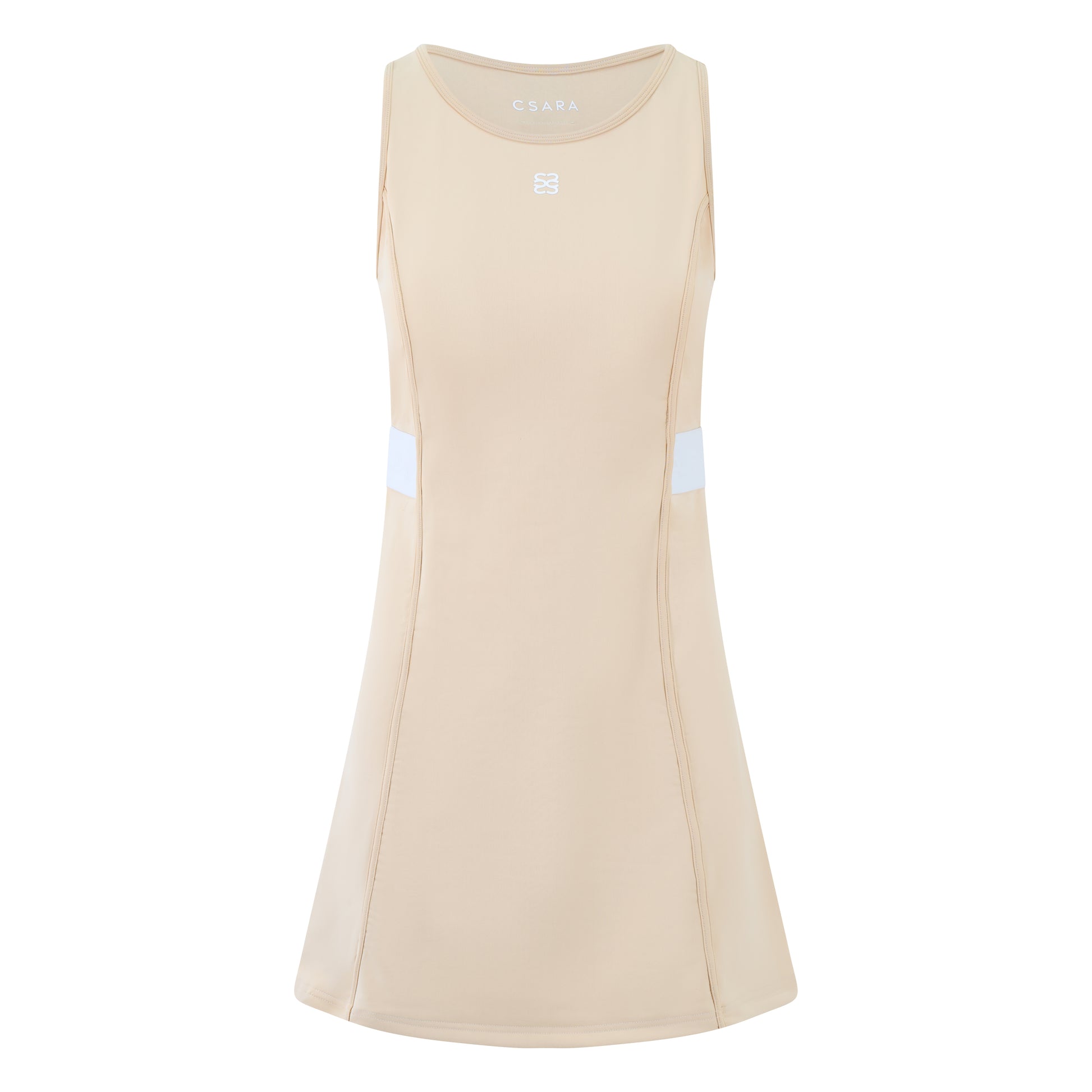 Women’s sleeveless golf dress in sand with round neck, stretch fabric and elastic waist