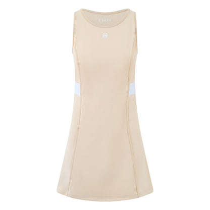 Women’s sleeveless golf dress in sand with round neck, stretch fabric and elastic waist
