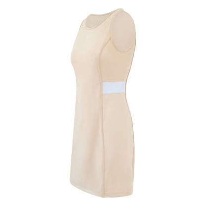 Women’s sleeveless golf dress in sand with round neck, stretch fabric and elastic waist