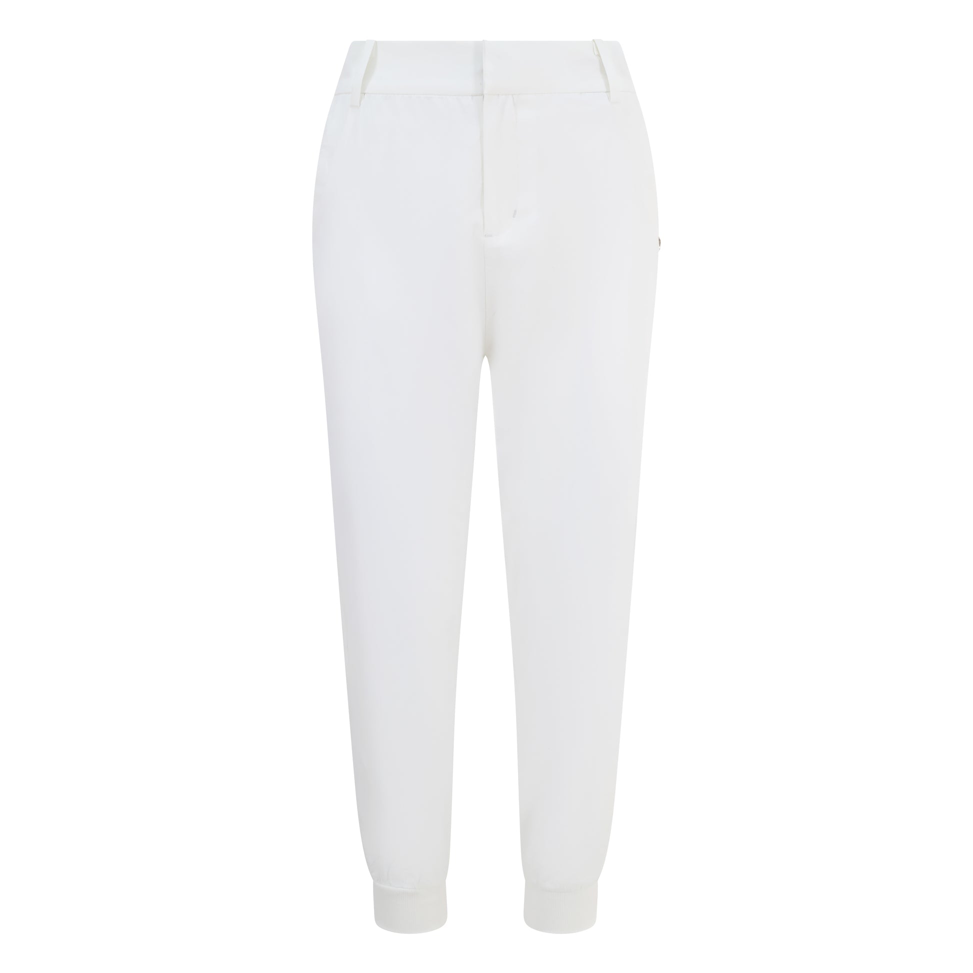 Women's cuffed golf trousers in white with belt loops, pockets and four-way stretch fabric