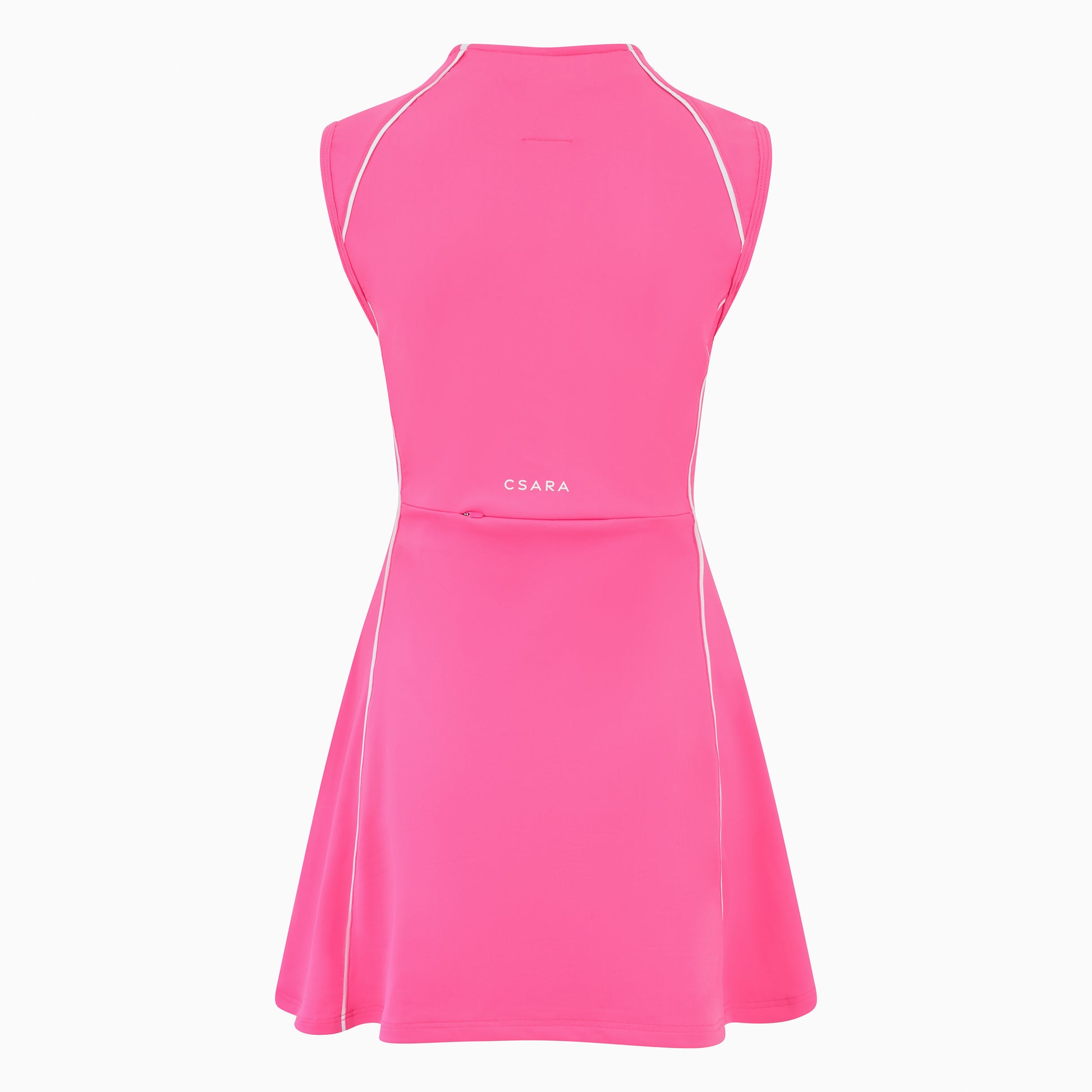 Women’s sleeveless golf dress in pink with half-zip front, stretch frabic and pockets