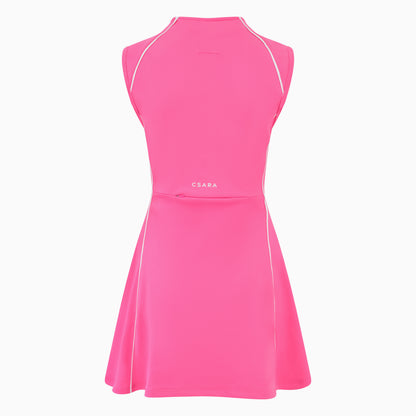 Women’s sleeveless golf dress in pink with half-zip front, stretch frabic and pockets