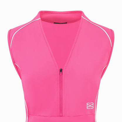 Women’s sleeveless golf dress in pink with half-zip front, stretch frabic and pockets