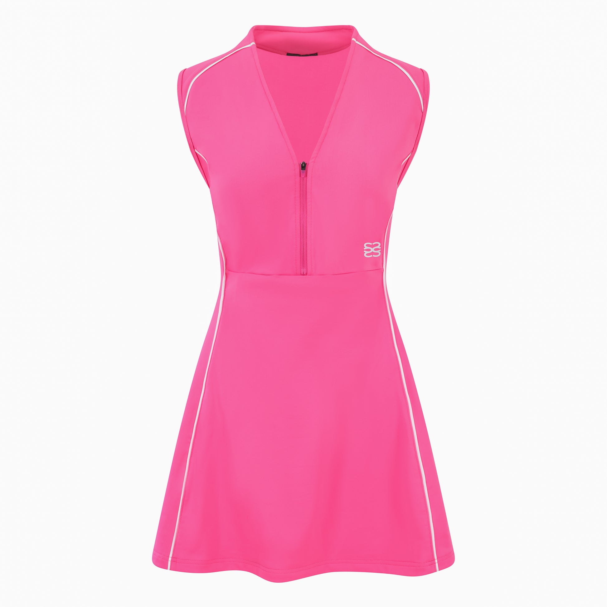 Women’s sleeveless golf dress in pink with half-zip front, stretch frabic and pockets