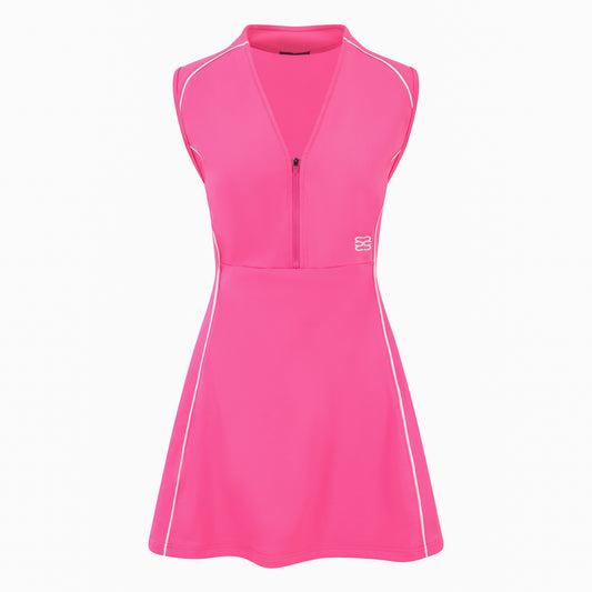 Women’s sleeveless golf dress in pink with half-zip front, stretch frabic and pockets