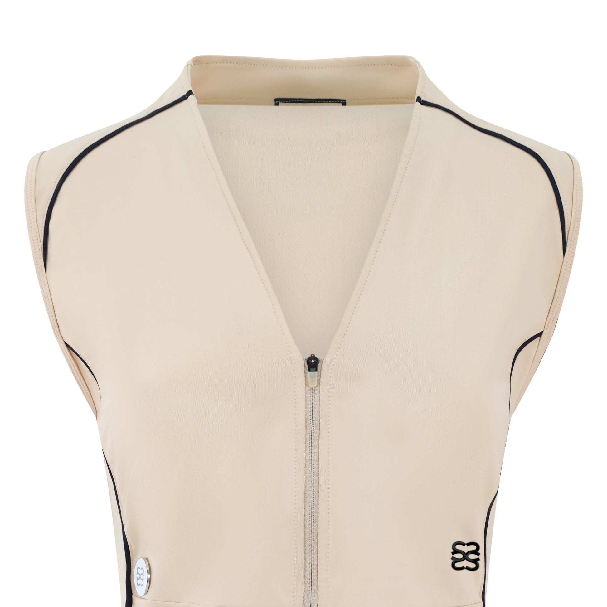 Women’s sleeveless golf dress in sand with half-zip front, stretch frabic and pockets